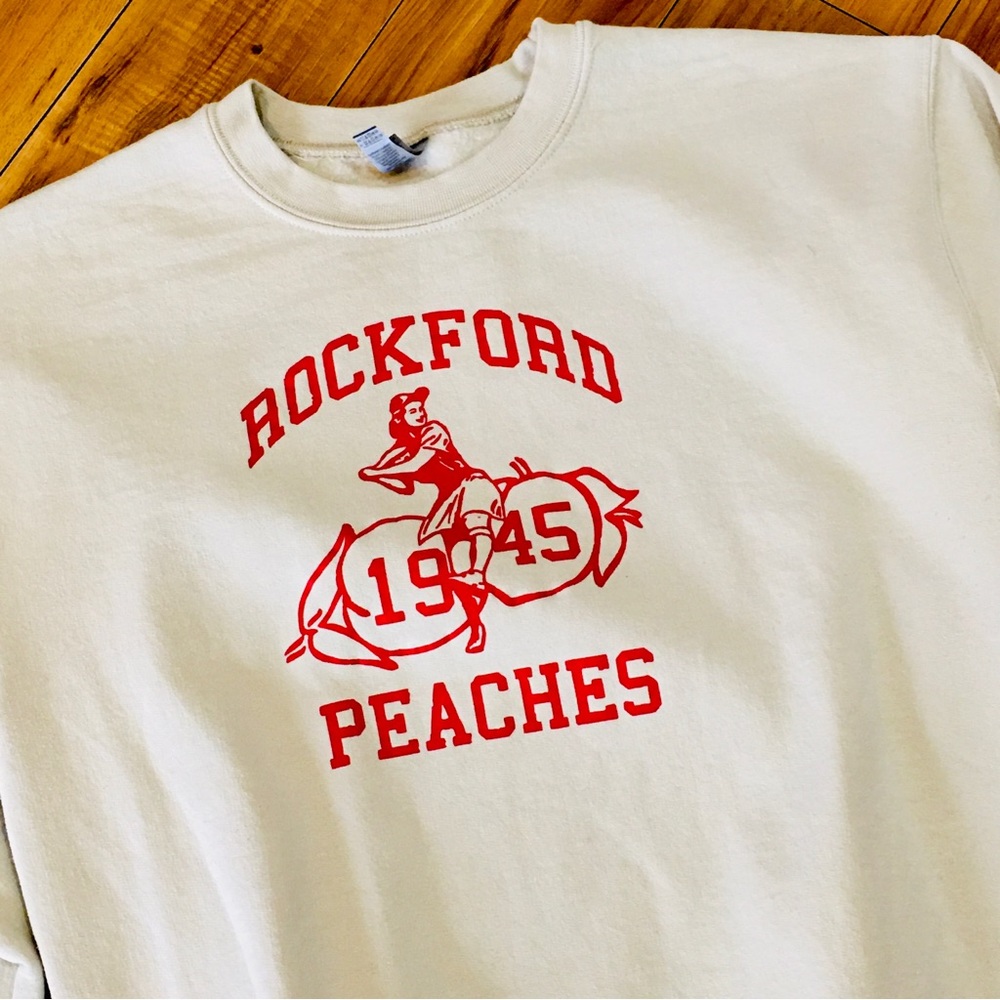 Rockford Peaches sweatshirt pullover tan ivory red graphics athleisure l…